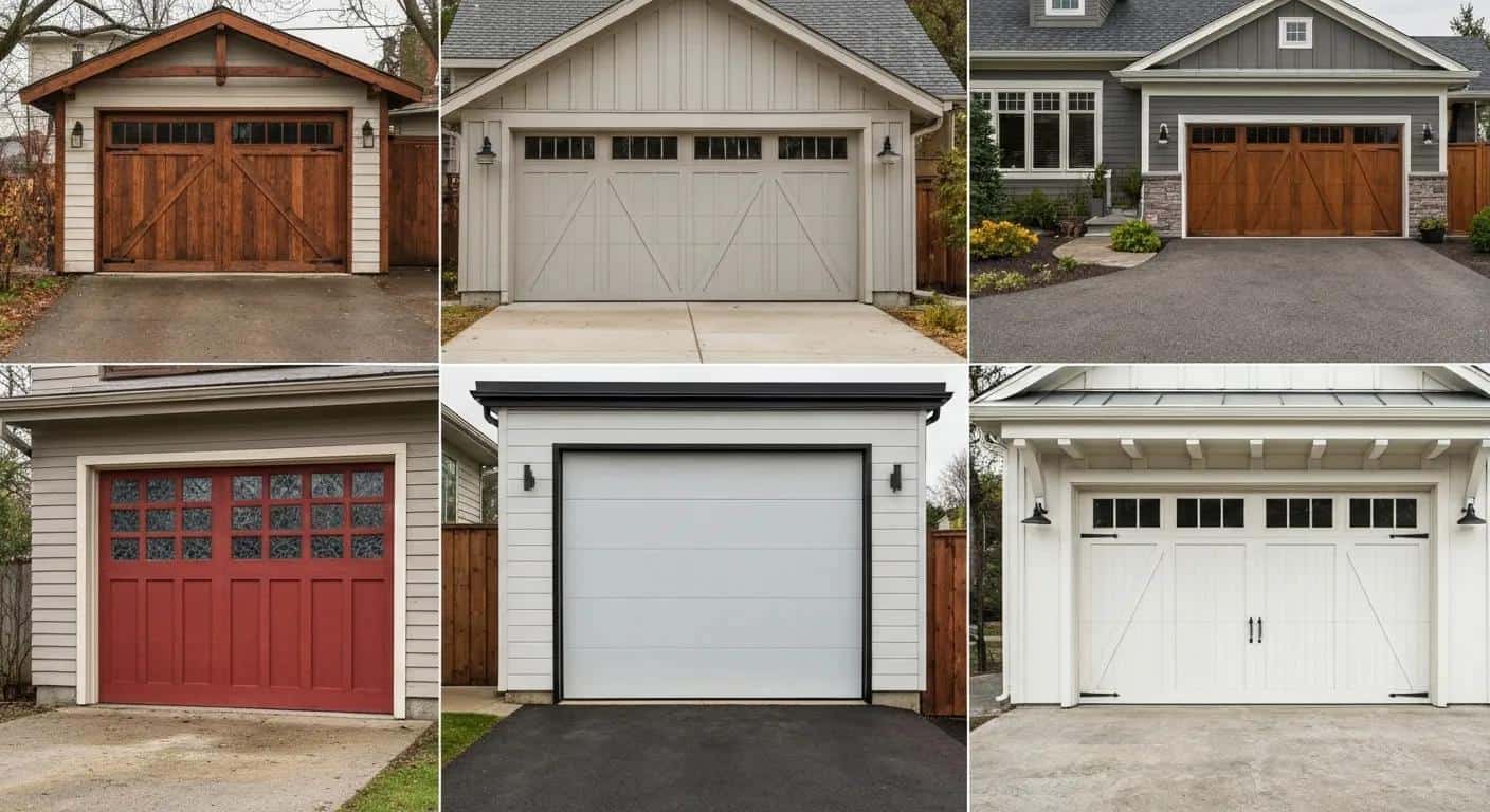Variety of residential garage doors showcasing different styles and materials