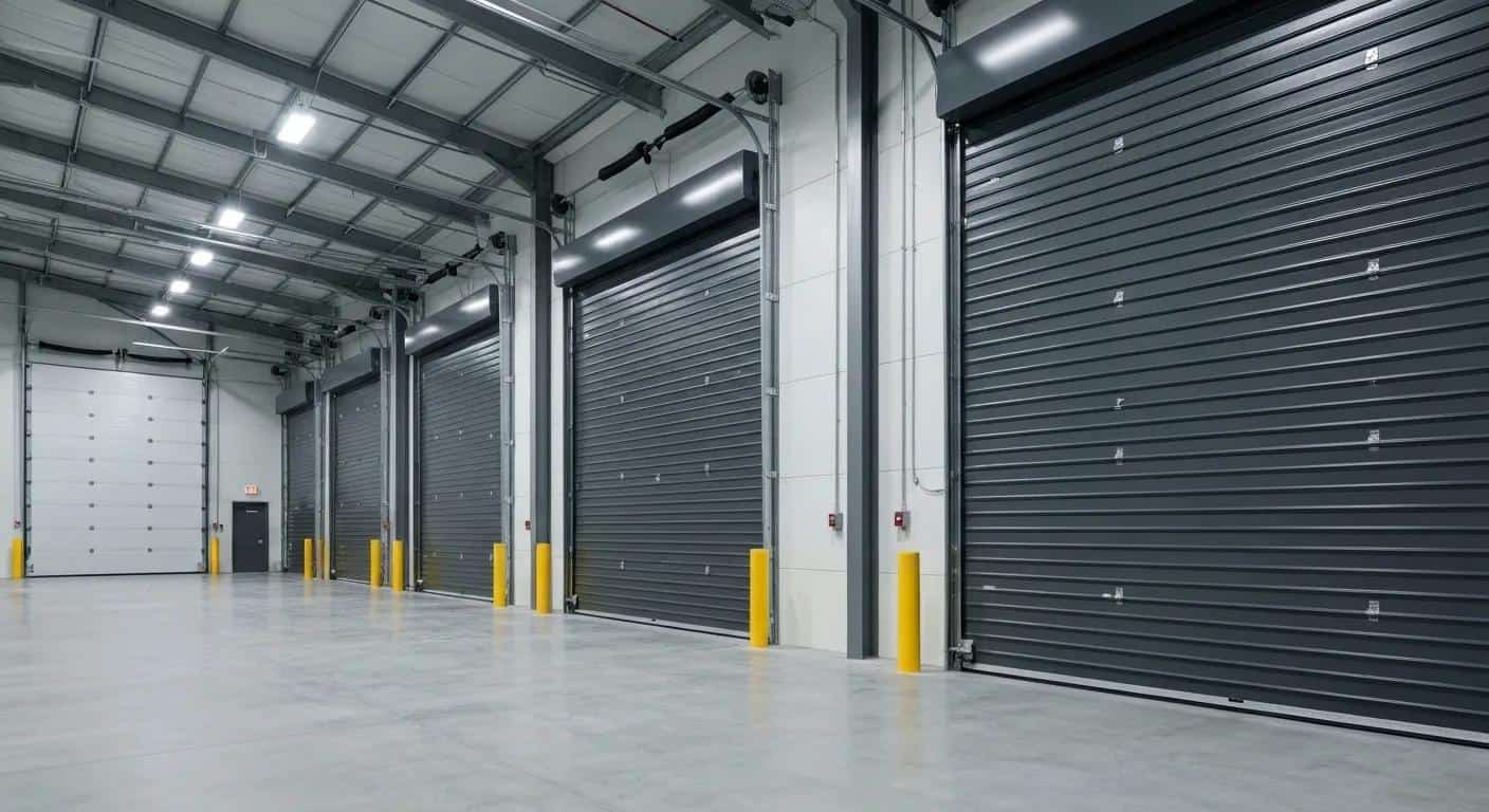 Commercial garage door installation featuring heavy-duty rolling steel doors