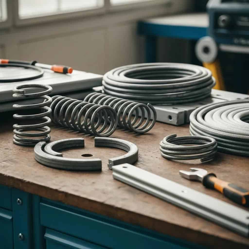 Close-up of garage door components like springs and cables on a workbench, highlighting repair complexity