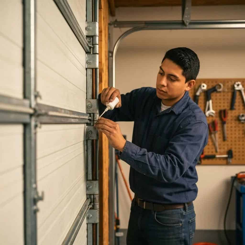 Close-up of garage door components showing wear and maintenance action